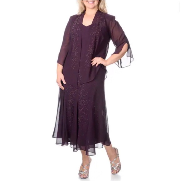 R&M Richards Dresses & Skirts - R And M Richards Beaded Two Piece Dress Jacket Eggplant Purple Maxi Size 18